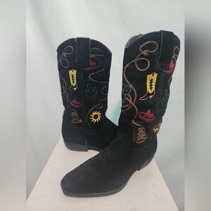 Chili's Vintage Black Suede Cowboy Embellished Boots Cactus Western. Size 6.5